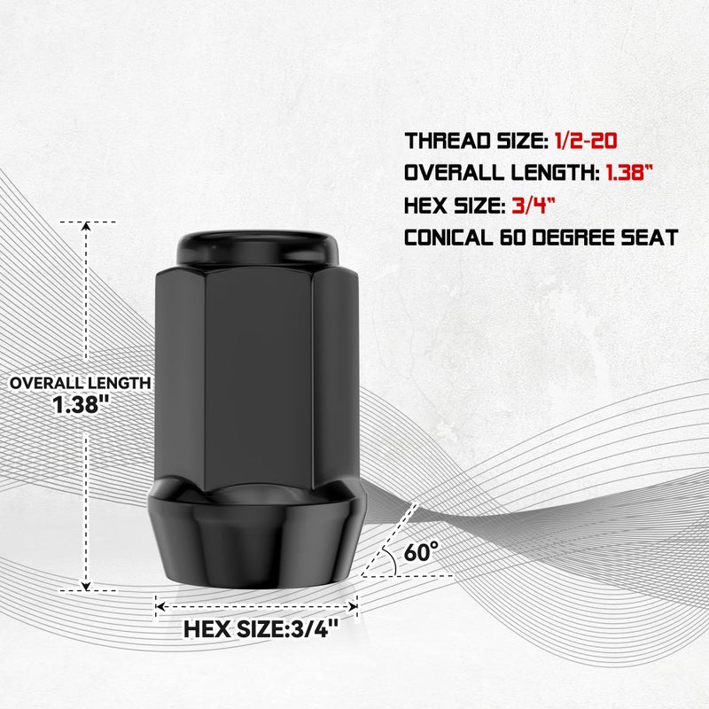 FLYCLE 20PCS 1/2-20 1.38 inch Closed End Bulge Acorn Black Lug Nuts - Cone Seat - 19mm Hex Compatible with Bronco Mustang Cherokee Ranger Explorer Liberty YJ TJ KJ KK ZJ WJ WK XK MJ XJ - Image 2